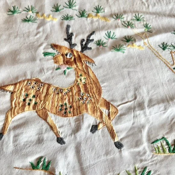 Hand Embroidered Deer & Crochet Silk Bedcover Bedspread 58 x 81